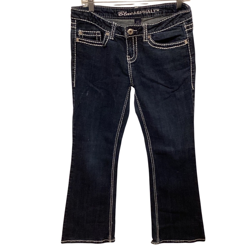 Blue Asphalt Womens Dark Wash Bootcut Jeans White Stitching Size 11
